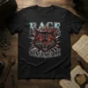 Black cat with glowing red eyes and sharp teeth, text reads RAGE CONSUMES ME, on a t-shirt