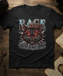 Black cat with glowing red eyes and sharp teeth, text reads RAGE CONSUMES ME, on a t-shirt