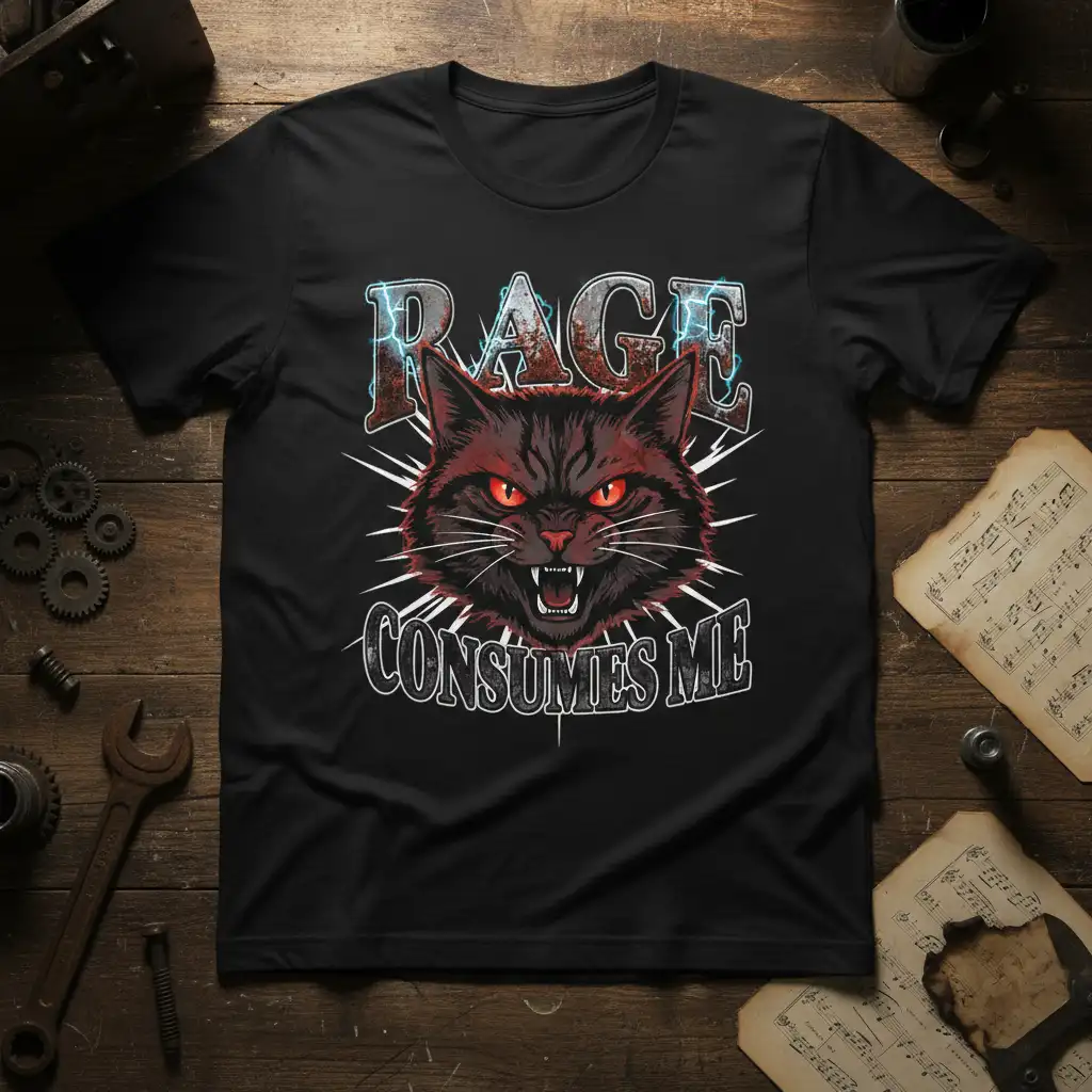 Intense black cat graphic with RAGE CONSUMES ME text, conveying fierce feline energy and dark style