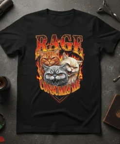 Rage Consumes Me T-Shirt with three angry cats and fiery graphic design
