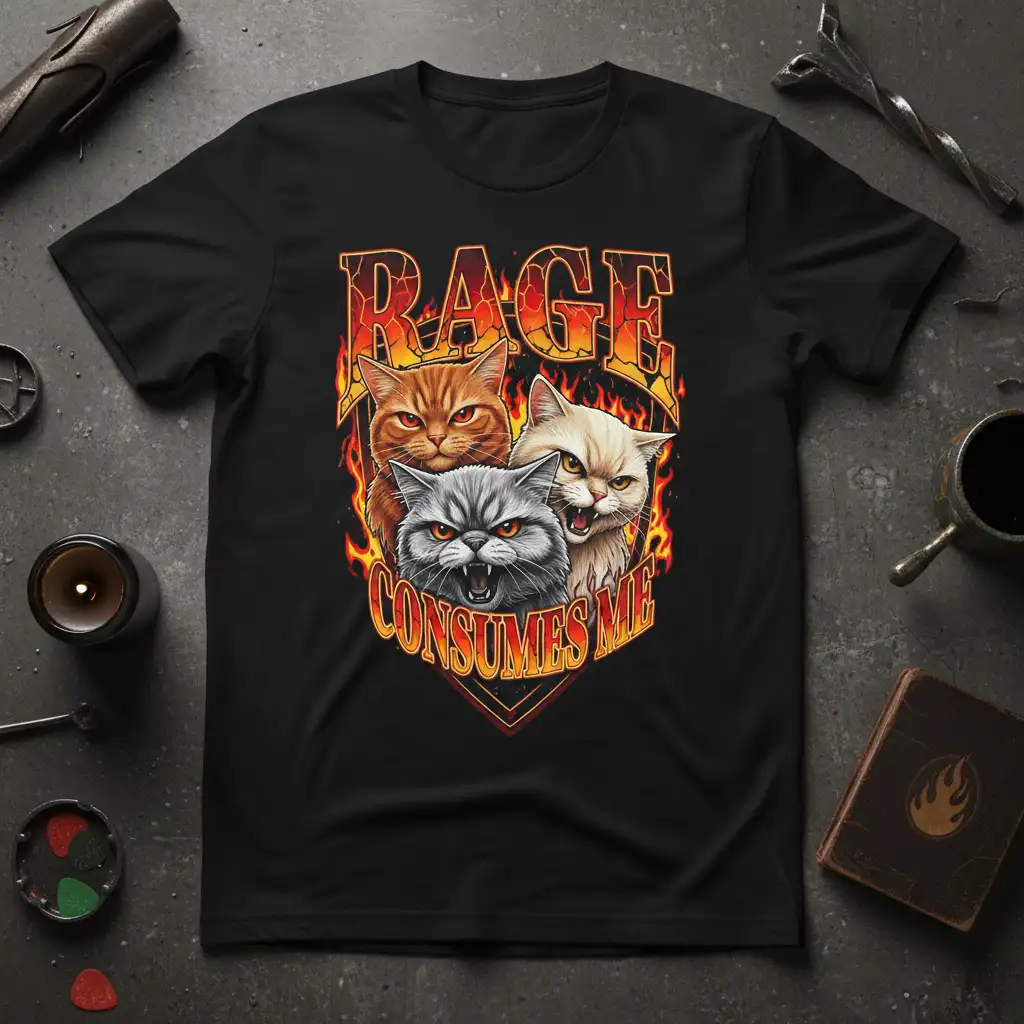 Rage Consumes Me text with fierce cats and flames graphic on a black t-shirt