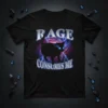 Black t-shirt with "RAGE CONSUMES ME" text above a silhouetted black cat with glowing blue eyes, surrounded by lightning and