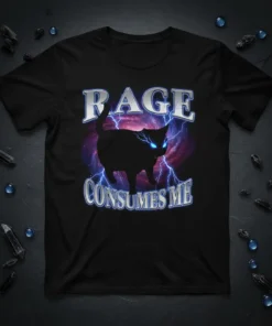 Black t-shirt with "RAGE CONSUMES ME" text above a silhouetted black cat with glowing blue eyes, surrounded by lightning and
