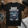 Black t-shirt with "Rage Consumes Me" text above an angry blue cat with red eyes and gears