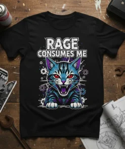 Black t-shirt with "Rage Consumes Me" text above an angry blue cat with red eyes and gears
