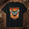 Rage Consumes Me t-shirt with a fierce tabby cat surrounded by fire and lightning, bold text above and below