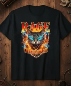 Rage Consumes Me t-shirt with a fierce tabby cat surrounded by fire and lightning, bold text above and below
