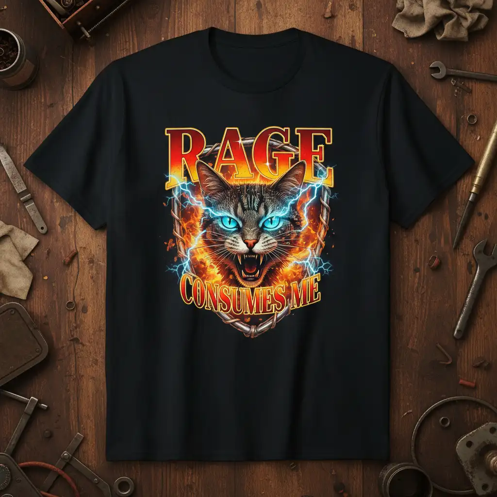 Rage Consumes Me graphic tee featuring an intense tabby cat with electric blue eyes, surrounded by fire and lightning