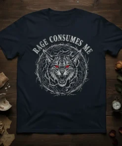 Rage Consumes Me t-shirt with a snarling bobcat, red eyes, and thorny vines graphic