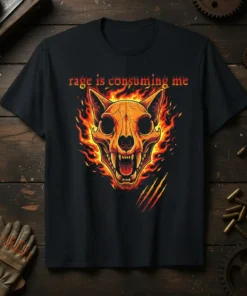Black t-shirt with "rage is consuming me" text above a burning cat skull graphic with claw marks