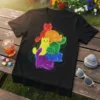 Rainbow Cats Pile T-Shirt featuring a cute group of cartoon cats in various rainbow colors stacked together