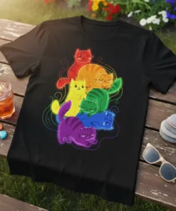 Rainbow Cats Pile T-Shirt featuring a cute group of cartoon cats in various rainbow colors stacked together