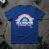 Rainbow Connection text with a pastel rainbow and sun graphic on a blue t-shirt