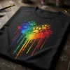 Rainbow paw print heart design on a black t-shirt, showing colorful splatters and drips