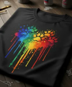 Rainbow paw print heart design on a black t-shirt, showing colorful splatters and drips