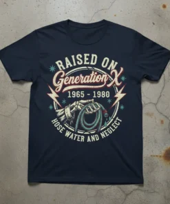 Generation X t-shirt with "Raised On Generation X 1965 - 1980 Hose Water And Neglect" text and skeleton hand holding