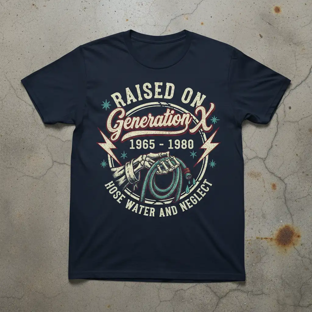 Raised On Generation X 1965 - 1980 Hose Water And Neglect quote design on a vintage t-shirt with skeleton hand graphic