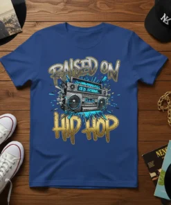Raised On Old School Hip Hop t-shirt with a retro boombox graphic and blue splash effects