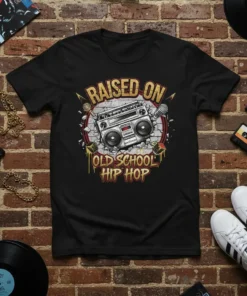 Raised on Old School Hip Hop text with boombox graphic on a black t-shirt, vintage music design