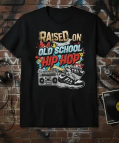Raised on Old School Hip Hop t-shirt design with boombox, sneakers, and graffiti style text