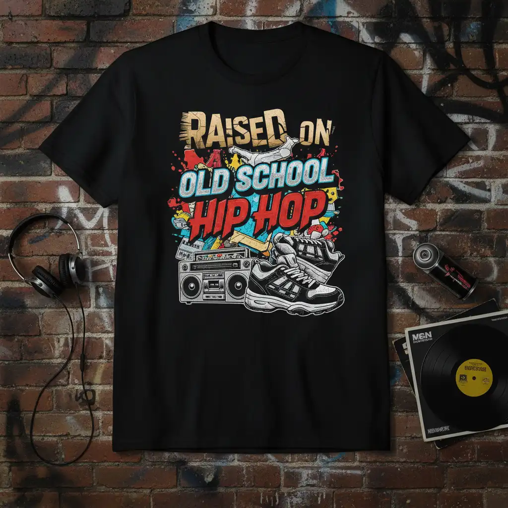 Raised on Old School Hip Hop graphic tee design featuring retro boombox and sneakers