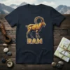Geometric ram ibex design t-shirt with the word RAM in golden letters