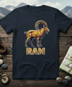 Geometric ram ibex design t-shirt with the word RAM in golden letters