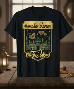Ramadan Kareem t-shirt with green mosque graphic and gold text, featuring crescent moon and heart details