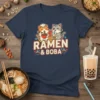 Ramen & Boba t-shirt design with two cute cats, one eating ramen and the other drinking boba tea