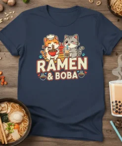 Ramen & Boba t-shirt design with two cute cats, one eating ramen and the other drinking boba tea