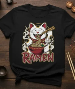 Cute ramen cat eating noodles with chopsticks, featuring the word RAMEN in Japanese-inspired font on a black t-shirt