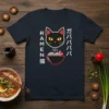 Black t-shirt with "Ramen Cat Gabababa" design featuring a black cat, ramen bowl, and Japanese text