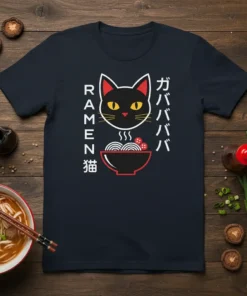 Black t-shirt with "Ramen Cat Gabababa" design featuring a black cat, ramen bowl, and Japanese text