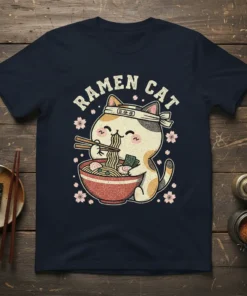 Ramen Cat T-Shirt design featuring a cute cat eating ramen with chopsticks, surrounded by cherry blossoms and the text "RAMEN