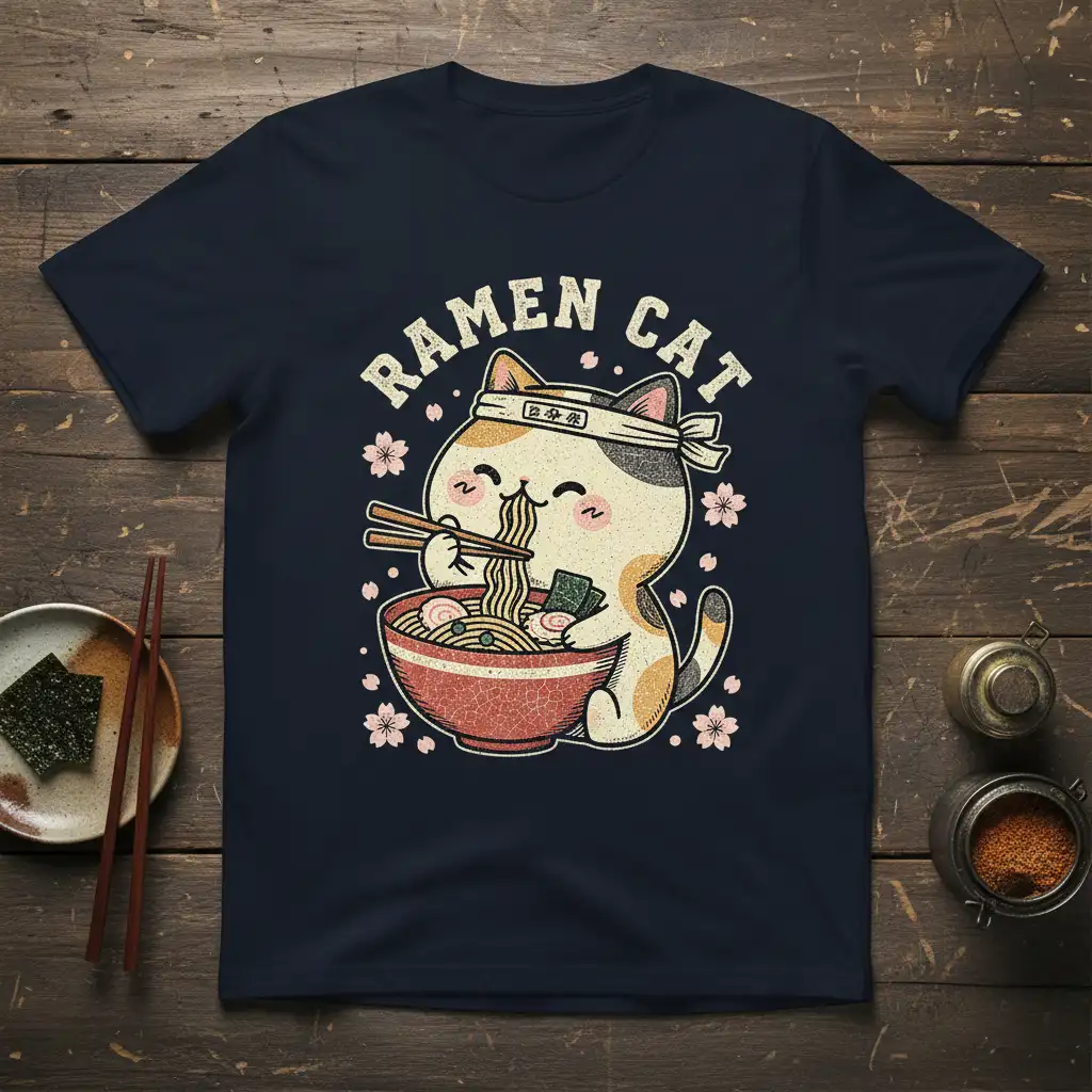 Cute Ramen Cat design eating noodles, featuring Japanese text and cherry blossom accents, on a navy t-shirt