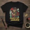 Ramen Cat Samurai graphic tee featuring a cat in samurai armor holding a bowl of ramen