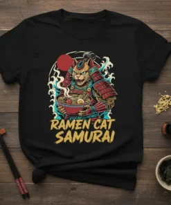 Ramen Cat Samurai graphic tee featuring a cat in samurai armor holding a bowl of ramen