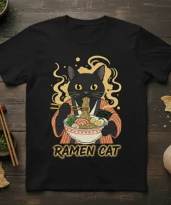 Ramen Cat T-Shirt featuring a black cat eating ramen noodles with chopsticks, Japanese food theme, cute cartoon style