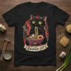 Ramen Cat T-Shirt design featuring a black cat eating ramen noodles, surrounded by flames and text "RAMEN CAT"