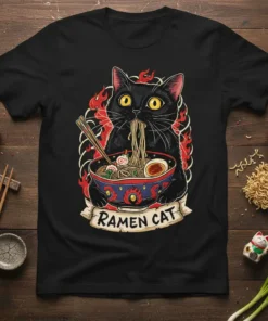Ramen Cat T-Shirt design featuring a black cat eating ramen noodles, surrounded by flames and text "RAMEN CAT"