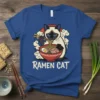 Ramen Cat T-Shirt design featuring a Siamese cat eating ramen noodles with chopsticks