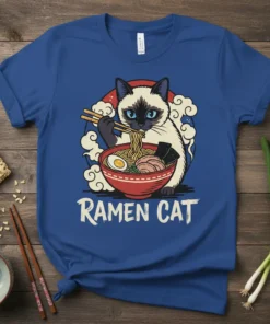 Ramen Cat T-Shirt design featuring a Siamese cat eating ramen noodles with chopsticks