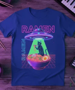 Ramen Cat UFO T-Shirt with neon pink text and a geometric cat being abducted by a UFO over a bowl