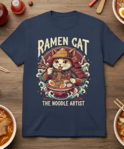 Ramen Cat The Noodle Artist t-shirt featuring a samurai cat eating ramen, Japanese food art, and bold typography