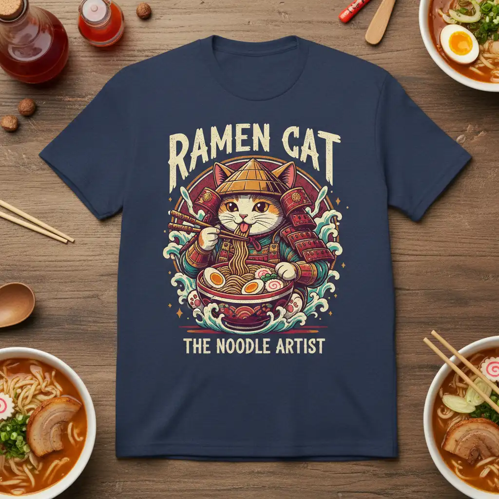 Samurai cat enjoying ramen, Ramen Cat The Noodle Artist Japanese food t-shirt graphic