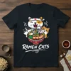 Ramen Cats T-Shirt design featuring three cute cats around a bowl of ramen noodles and toppings