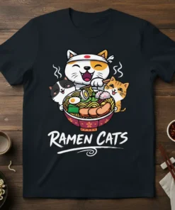 Ramen Cats T-Shirt design featuring three cute cats around a bowl of ramen noodles and toppings