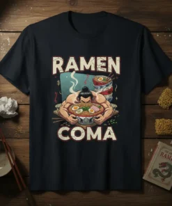 Ramen Coma T-Shirt featuring a muscular sumo wrestler holding a large bowl of ramen, with text "RAMEN COMA" above and