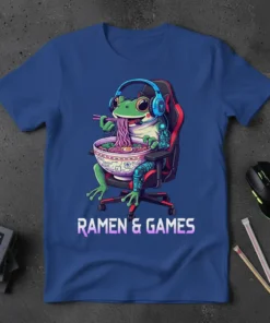 Ramen & Games T-Shirt featuring a cartoon frog in a gaming chair eating ramen