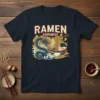 Ramen Goodness t-shirt design with a blue dragon, steaming ramen bowl, and gold coins